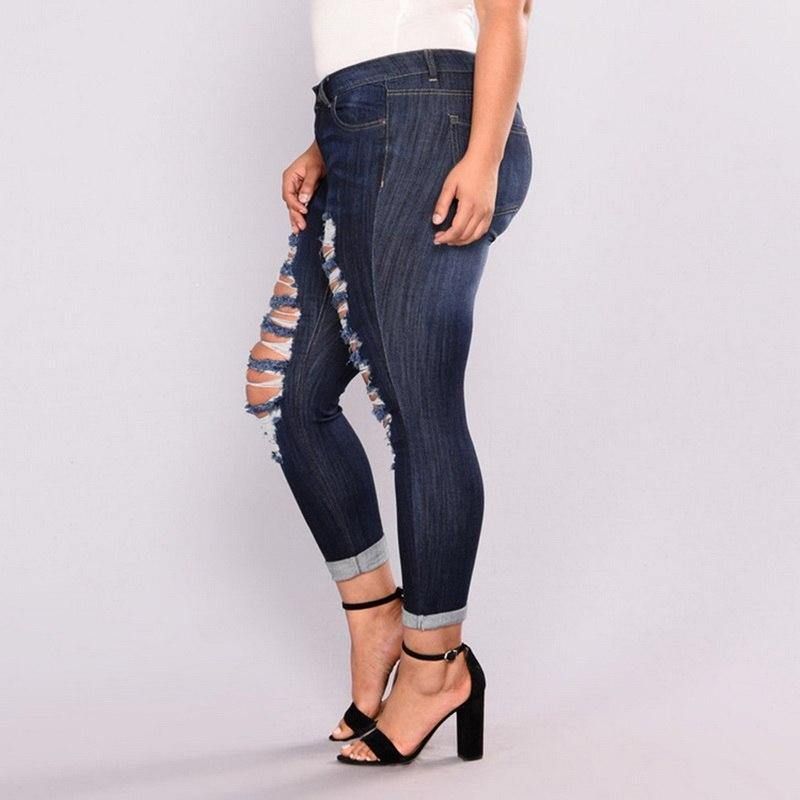 Plus Size High Elastic Hole Jeans Vrouwen True Denim Skinny Distressed Jean Voor Dames Jeans Potlood Broek