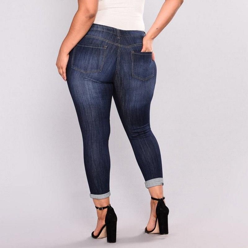 Plus Size High Elastic Hole Jeans Vrouwen True Denim Skinny Distressed Jean Voor Dames Jeans Potlood Broek