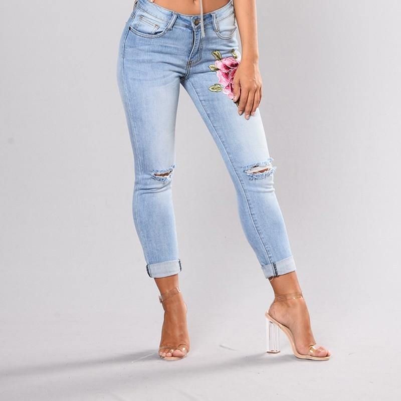 Stretch Geborduurde Jeans Voor Vrouwen Elastische Bloem Jeans Vrouwelijke Slanke Denim Broek Gat Ripped Rose Patroon Jeans Pantalon Femme
