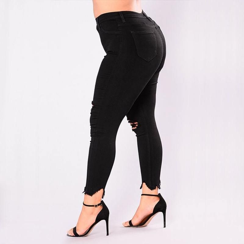Vrouwen Gaten Plus Size Jeans Broek Skinny Elastische Potlood Broek Mid Taille Zwarte Jeans Vrouw Casual Lente 2-7xl Broek