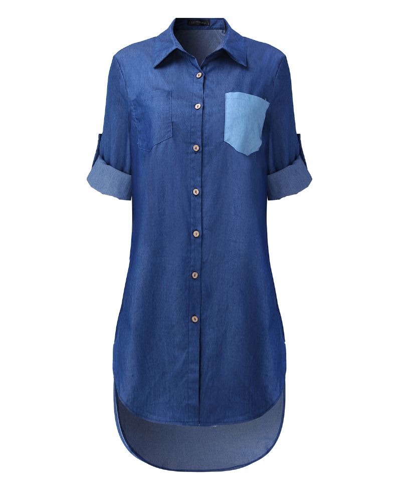 Dames Button-down Asymmetrische Casual Shirt Denim Mini Jurk