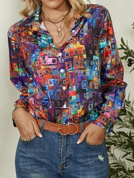 Dames Kleurrijk Geometrisch Bedrukt Overhemd Met Revers En Lange Mouwen