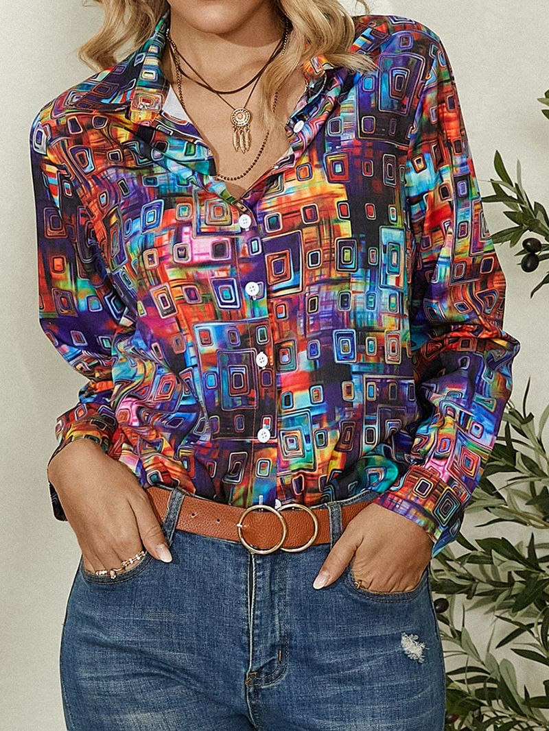 Dames Kleurrijk Geometrisch Bedrukt Overhemd Met Revers En Lange Mouwen