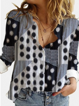 Dames Mixed Polka Dot Printed Patchwork Lange Mouwen Revers Casual Stijlvolle Blouse