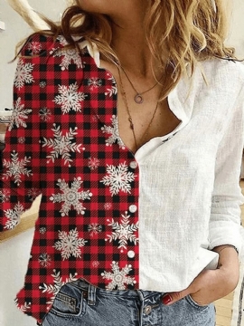 Dames Patchwork Plaid Snowflake Graphics Kerst Shirts Met Lange Mouwen