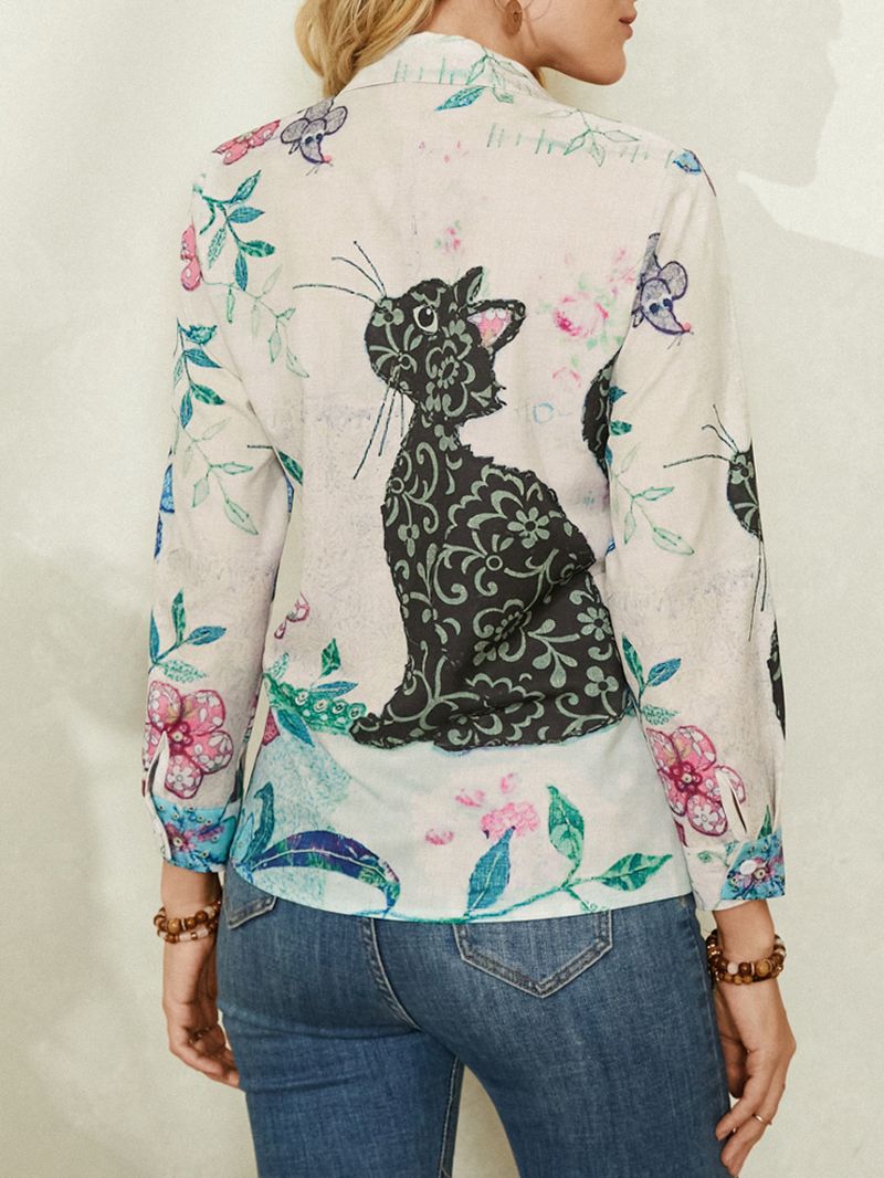 Dames Schattig Kattenprint Casual Shirt Met Lange Mouwen En Revers