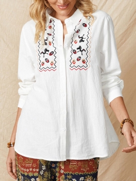 Dames Wit Revers Etnisch Borduurwerk Dagelijks Casual Shirts Met Lange Mouwen
