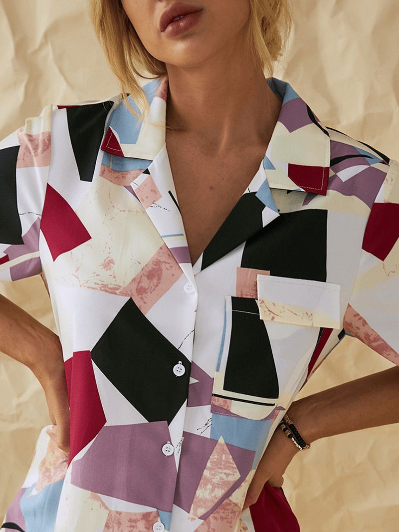 Overhemden Met Geometrische Patchwork-revers En Button-downprint Voor Dames