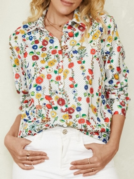 Vrouwen All-over Bloemen Stippen Print Revers Vintage Shirts Met Lange Mouwen