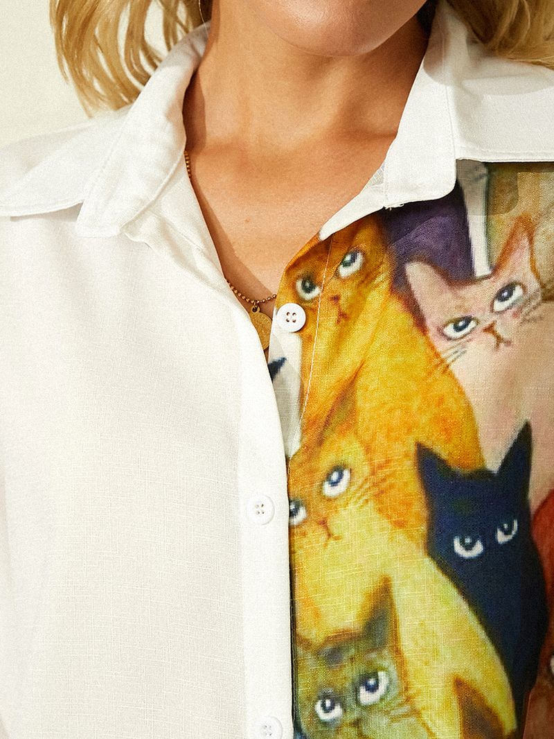 Vrouwen Cartoon Kat Printed Revers Leuke Shirts Met Lange Mouwen