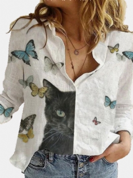 Vrouwen Cartoon Kat Vlinder Print Button-up Revers Casual Shirts Met Lange Mouwen