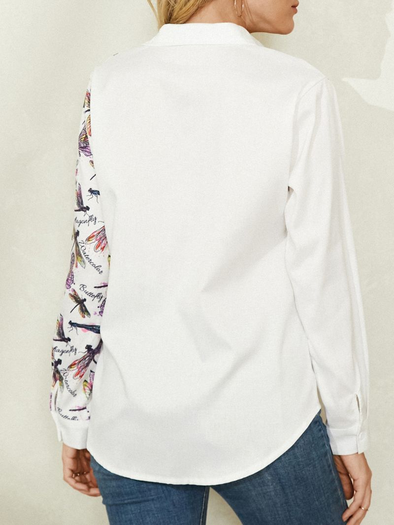 Wit Overhemd Met Lange Mouwen En Revers Met Libellenprint Voor Dames
