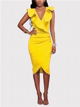 Gele Midi-jurk Met V-hals Onregelmatige Zoom Gekruiste Voorkant En Ruches