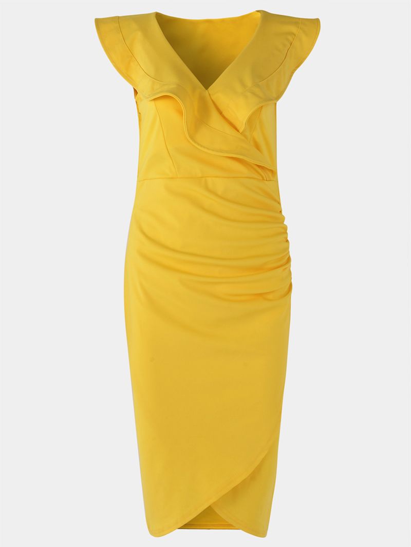 Gele Midi-jurk Met V-hals Onregelmatige Zoom Gekruiste Voorkant En Ruches