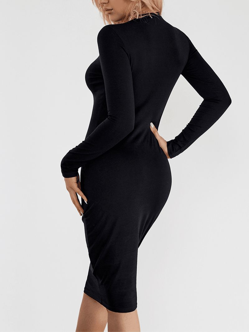 Zwarte Slanke Midi-jurk Met Ronde Hals En Lange Mouwen
