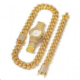 1/3 Pcs Luxe Ingelegde Steentjes Mannen Horloge Set Hip Hop Collier Armband