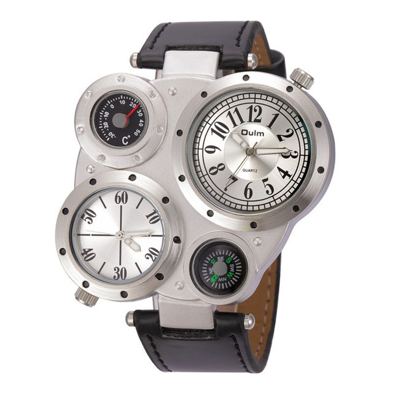 3 Kleuren Lederen Heren Vintage Horloge Versierde Wijzer Twee Tijdzone Kompas Thermometer Quartz Horloge