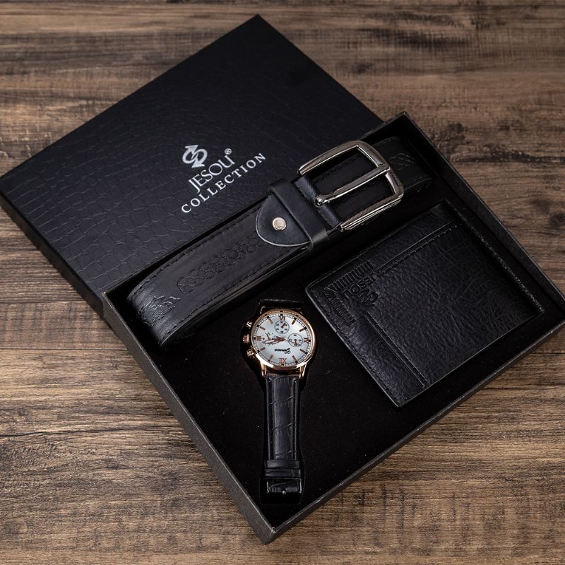 3 Stuks Heren Cadeauset Klassieke Zakelijke Lederen Polsband Mannelijk Quartz Horloge Opvouwbare Portemonnee Riem