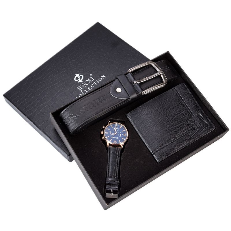 3 Stuks Heren Cadeauset Klassieke Zakelijke Lederen Polsband Mannelijk Quartz Horloge Opvouwbare Portemonnee Riem