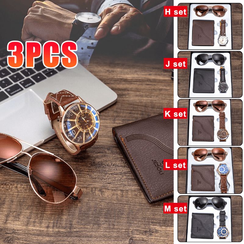 3pcs Herenmode Cadeauset Zakelijke Stijl Quartz Horloge + Portemonnee + Zonnebril Set