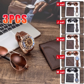 3pcs Herenmode Cadeauset Zakelijke Stijl Quartz Horloge + Portemonnee + Zonnebril Set