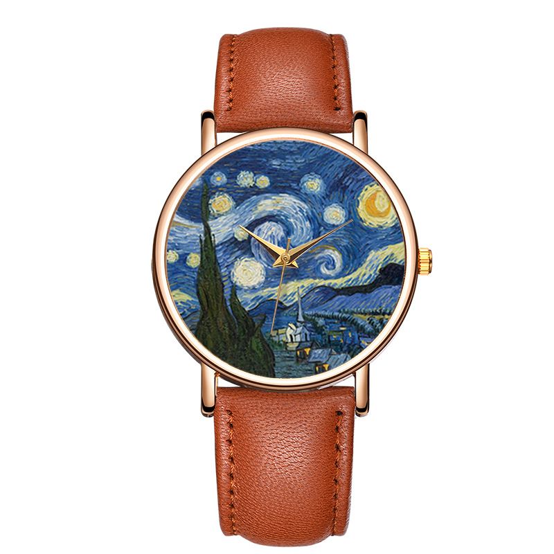Casual Impressionistische Kunst Schilderij Wijzerplaat Pu Lederen Band Heren Quartz Horloge