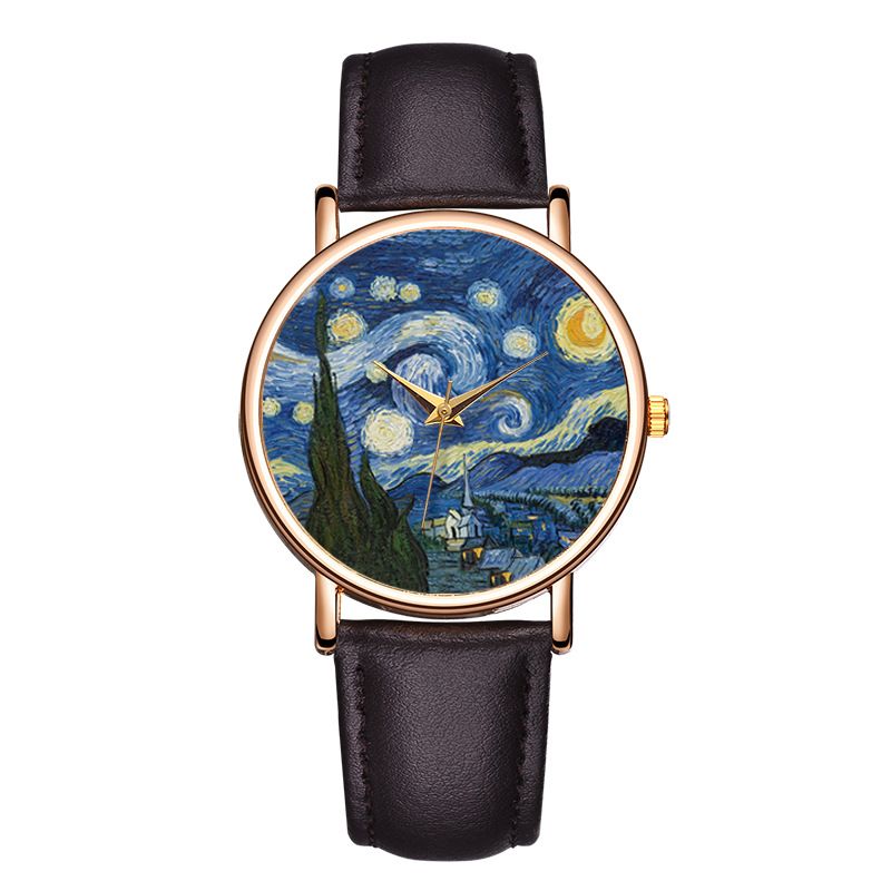 Casual Impressionistische Kunst Schilderij Wijzerplaat Pu Lederen Band Heren Quartz Horloge