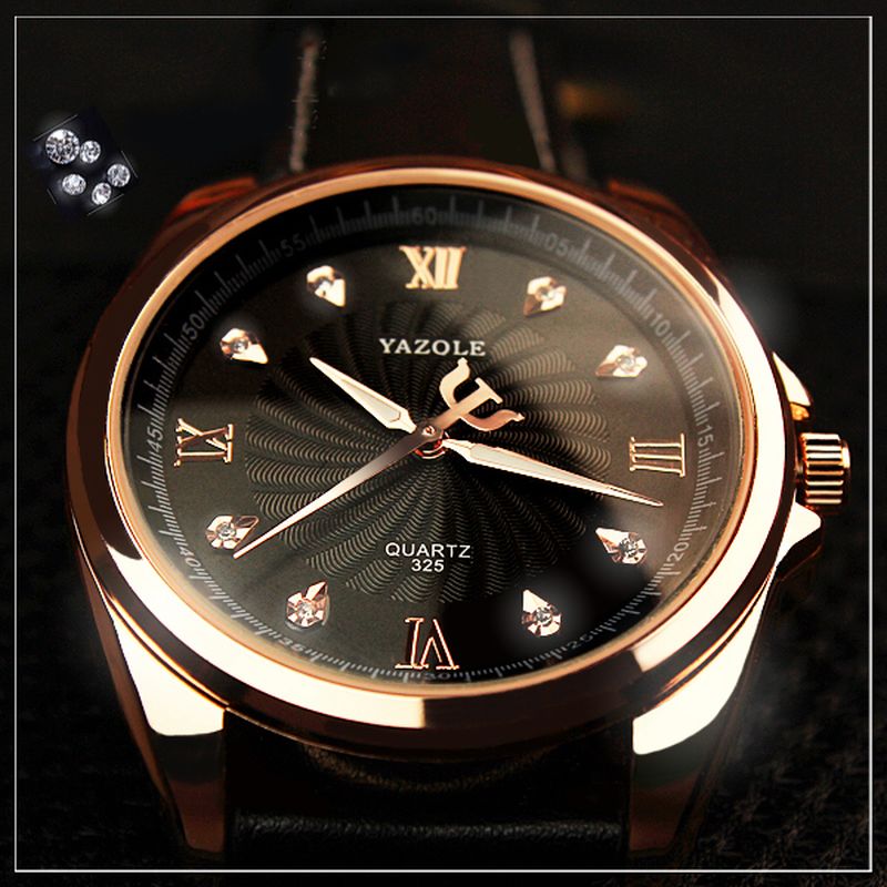 Heren Kristal Rosé Gouden Kast Lederen Band Lichtgevende Display Quartz Horloge