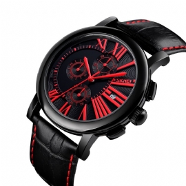 Herenmode Lederen Band Stopwatch Datumweergave Romeinse Cijfers Sport Quartz Horloge