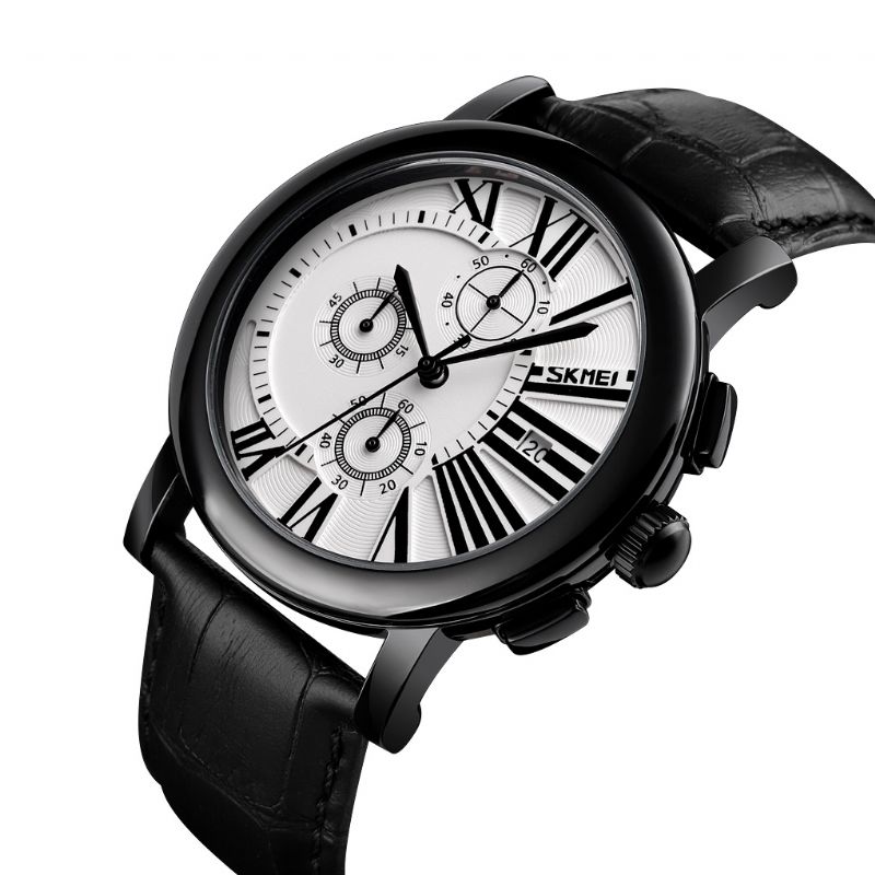 Herenmode Lederen Band Stopwatch Datumweergave Romeinse Cijfers Sport Quartz Horloge