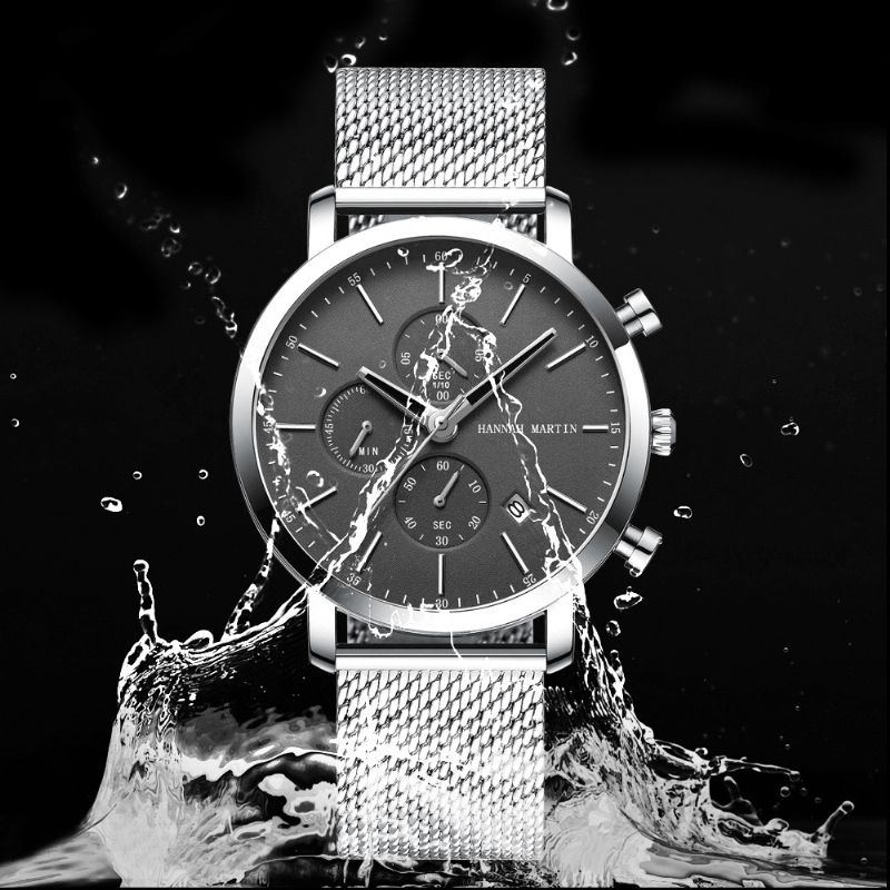 Klassieke Zakenmensen Kijken Stopwatch Kalenderweergave 3atm Waterdicht Roestvrij Stalen Band Quartz Horloge