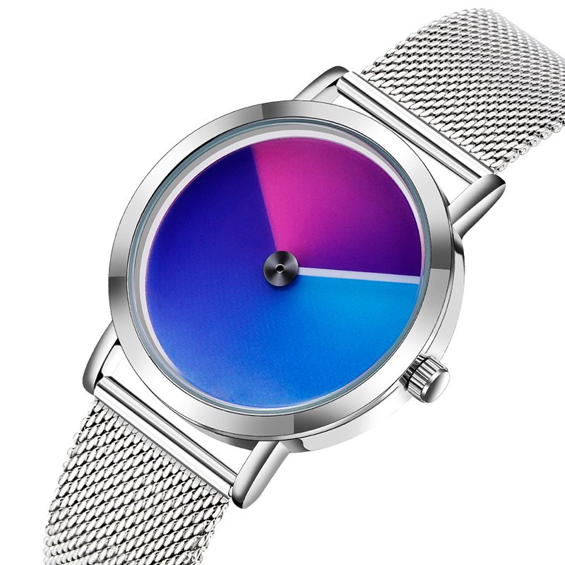 Mode 3d Kleurrijke Gradiënt Wijzerplaat Stalen Lederen Band Heren Quartz Horloge