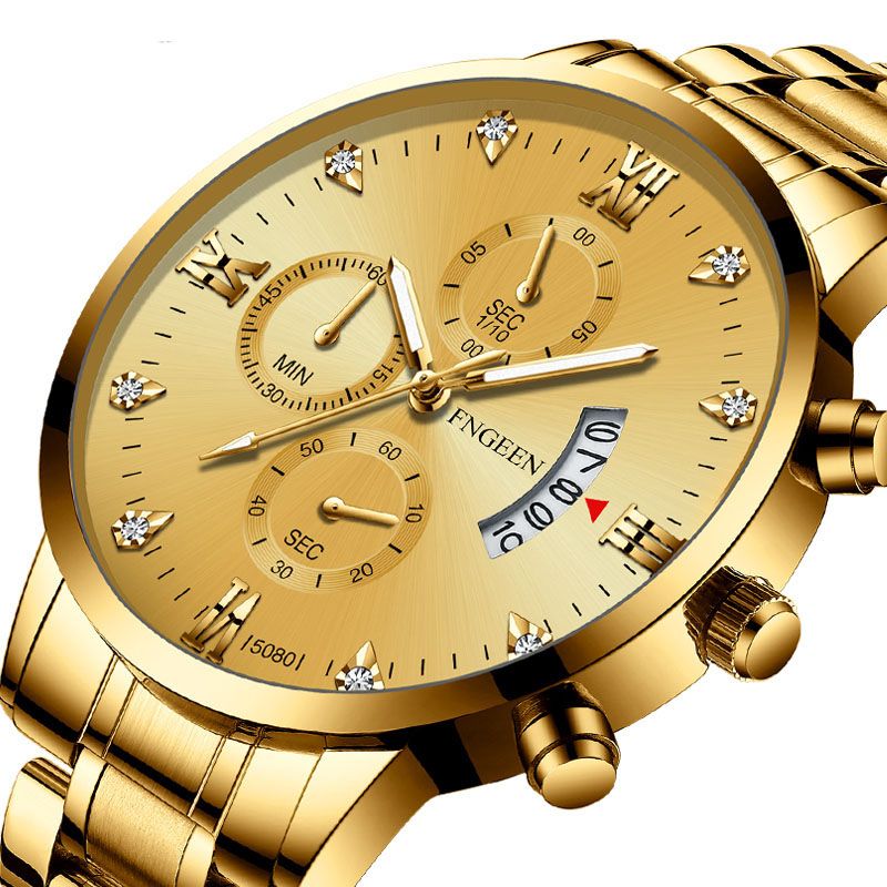Mode Business Diamond Dial Lichtgevende Wijzer Met Kalender Datumweergave Stalen Band Waterdicht Heren Quartz Horloge