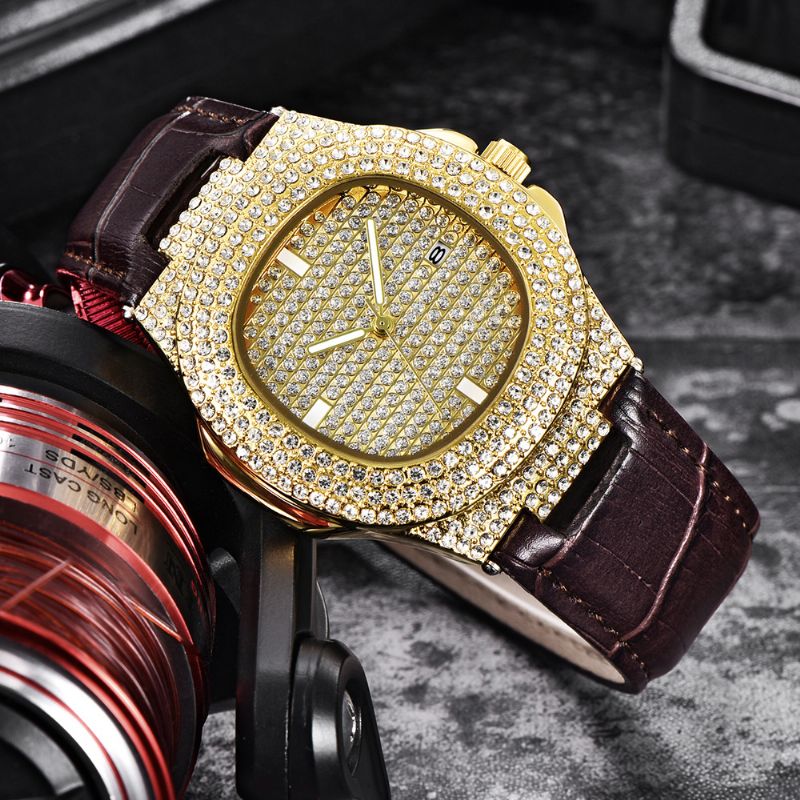 Mode Elegant Pu Lederen Heren Vintage Diamant Horloge Riem Quartz Horloge