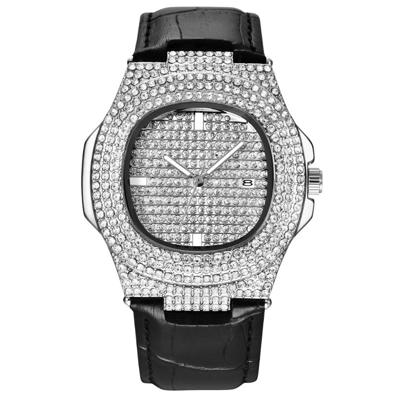 Mode Elegant Pu Lederen Heren Vintage Diamant Horloge Riem Quartz Horloge
