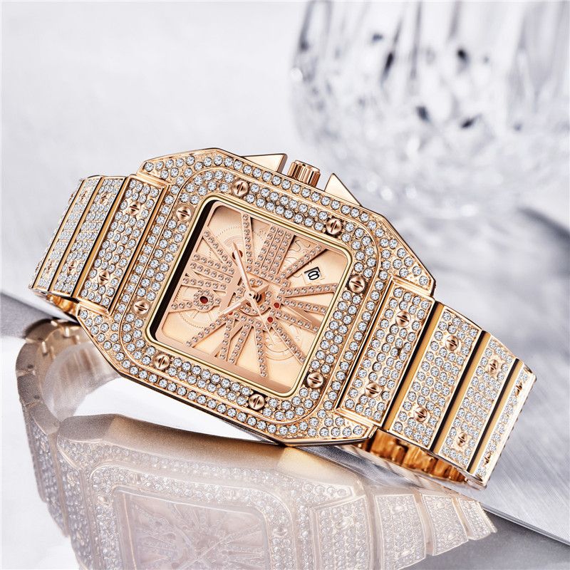 Mode Elegant Quartz Horloge Diamant Cool Mannen Horloge Vierkante Wijzerplaat Vorm Quartz Horloge