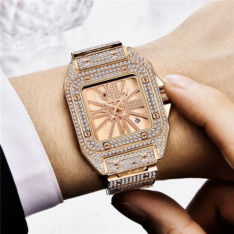 Mode Elegant Quartz Horloge Diamant Cool Mannen Horloge Vierkante Wijzerplaat Vorm Quartz Horloge