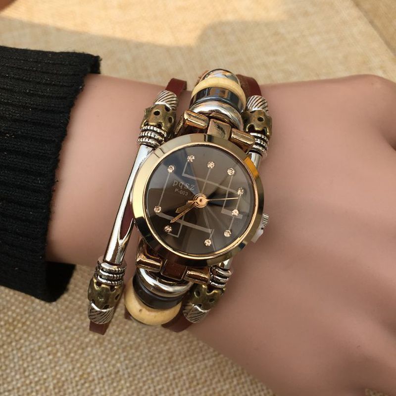 Mode Strass Roestvrij Stalen Gesp Lederen Band Paar Quartz Horloge Armband Horloge