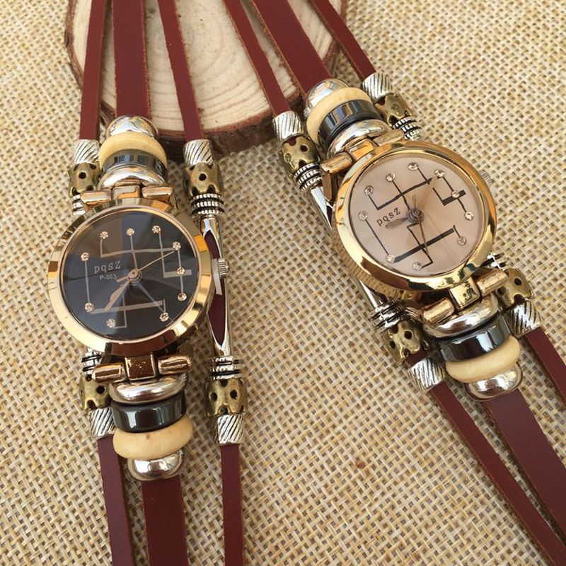 Mode Strass Roestvrij Stalen Gesp Lederen Band Paar Quartz Horloge Armband Horloge