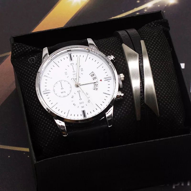 Mode Zakelijke Mannen Horloge Armband Set 2 Stuks Kalender Klok Case Lederen Band Mannelijke Quartz Horloge
