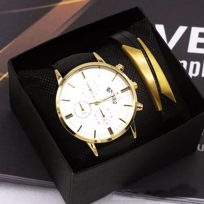 Mode Zakelijke Mannen Horloge Armband Set 2 Stuks Kalender Klok Case Lederen Band Mannelijke Quartz Horloge