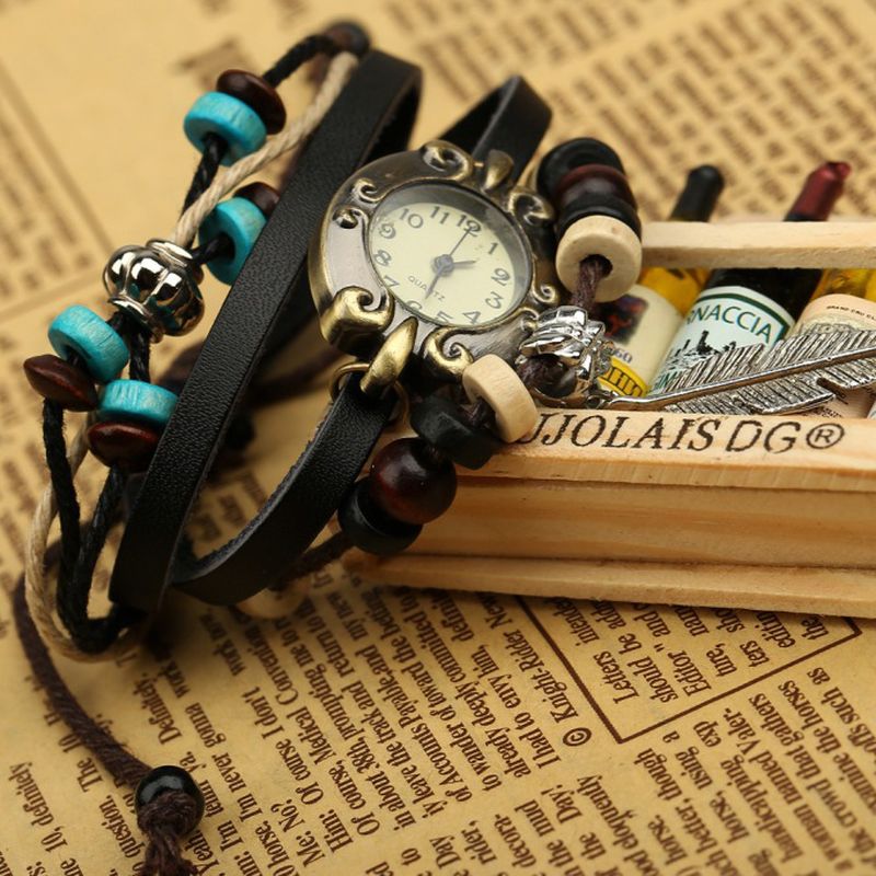 Retro Stijl Vintage Koeienhuid Multi-layer Quartz Horloge Weave Feather Hanger Lederen Armband Horloge