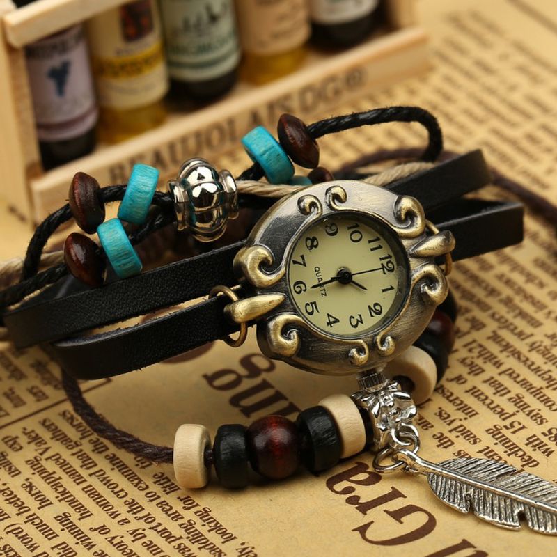 Retro Stijl Vintage Koeienhuid Multi-layer Quartz Horloge Weave Feather Hanger Lederen Armband Horloge