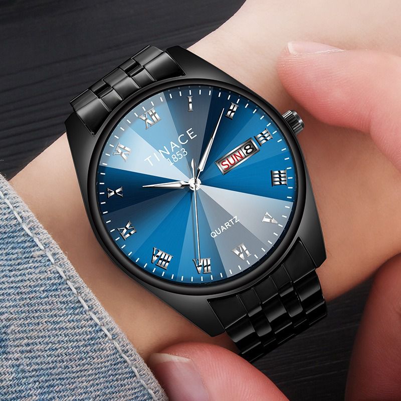 Tinace Heren Lichtgevend Display Mode Blauw Zwarte Wijzerplaat Dag Week Display Roestvrij Staal Quartz Horloge
