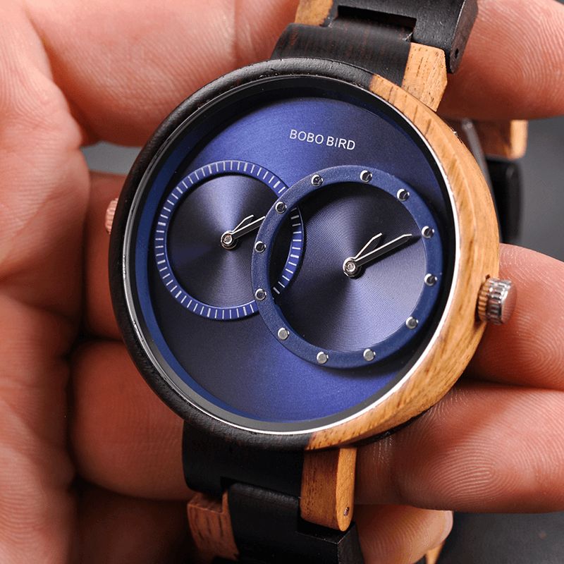 Twee Tijdzones Creatief Horloge Houten Dames Heren Quartz Horloges