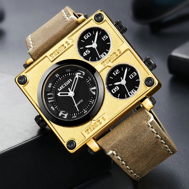 Vierkante Wijzerplaat Multi Tijdzone Lederen Retro Mode Mannen Horloge Quartz Horloge