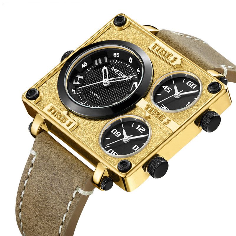 Vierkante Wijzerplaat Multi Tijdzone Lederen Retro Mode Mannen Horloge Quartz Horloge