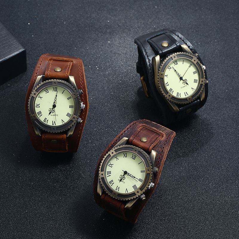 Vintage Koe Lederen Armband Horloge Verstelbare Band Romeinse Cijfers Heren Quartz Horloge