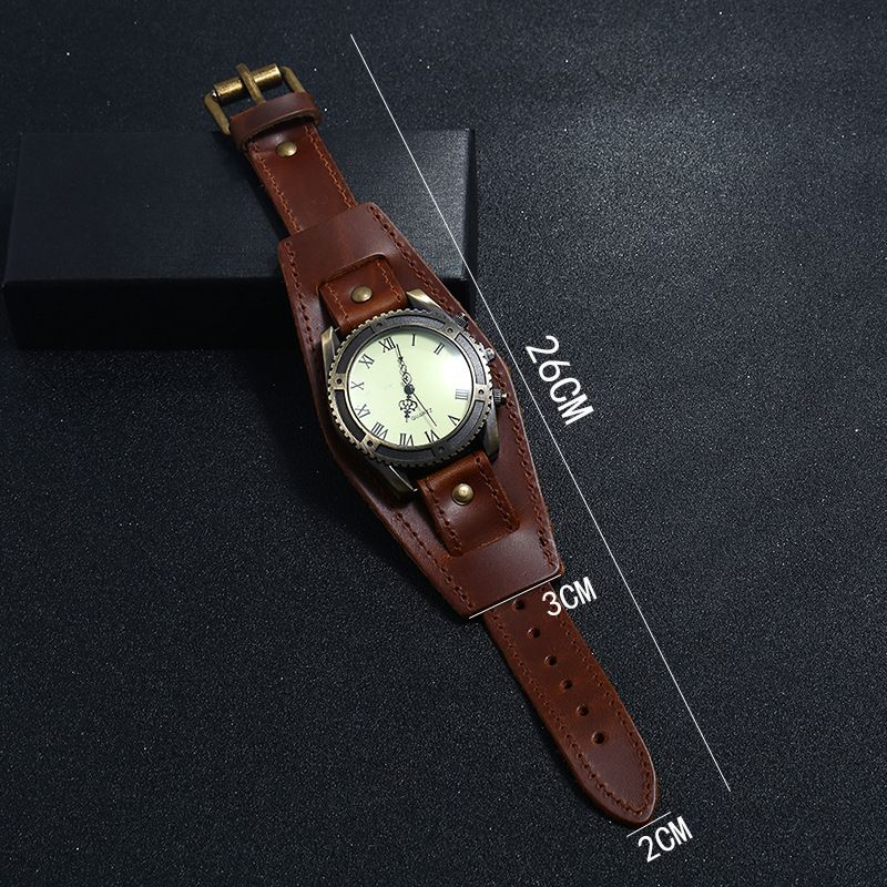 Vintage Koe Lederen Armband Horloge Verstelbare Band Romeinse Cijfers Heren Quartz Horloge