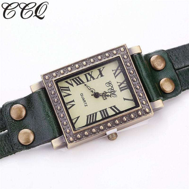 Vintage Retro Stijl Herenhorloge Rechthoekige Wijzerplaat Verstelbare Lederen Band Twee Sluiting Dames Quartz Horloge